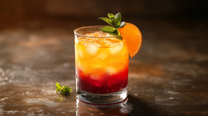 Refreshing Layered Cocktail with Orange and Mint Garnish on Rustic Tabletop