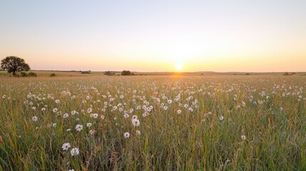 Sunset over wildflowers in grassy field. Peaceful nature scene, perfect for travel brochures