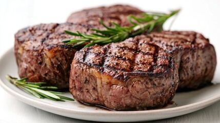 Grilled steaks with rosemary on a plate