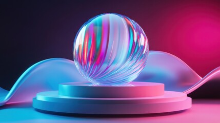 Obraz premium Colorful Glass Sphere on Abstract Glossy Platform with Soft Waves