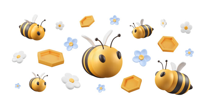 Background with 3d bees, honeycombs and flowers. Plasticine simple elements. Summer pattern with insects and plants. Vector isolated illustration. Beekeeping gardening, apiculture banner.