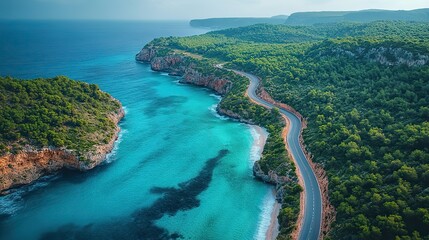 Obraz premium the winding road on the coast aerial view toned