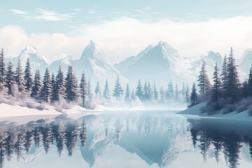 A breathtaking winter landscape of snow-covered trees and mountains, with a pristine reflection in the still water below.
