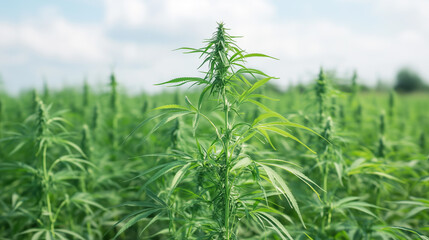 Green Cannabis Field: A vibrant, verdant expanse of cannabis plants under a bright, clear sky, with a focus on the lush details of the leaves and buds