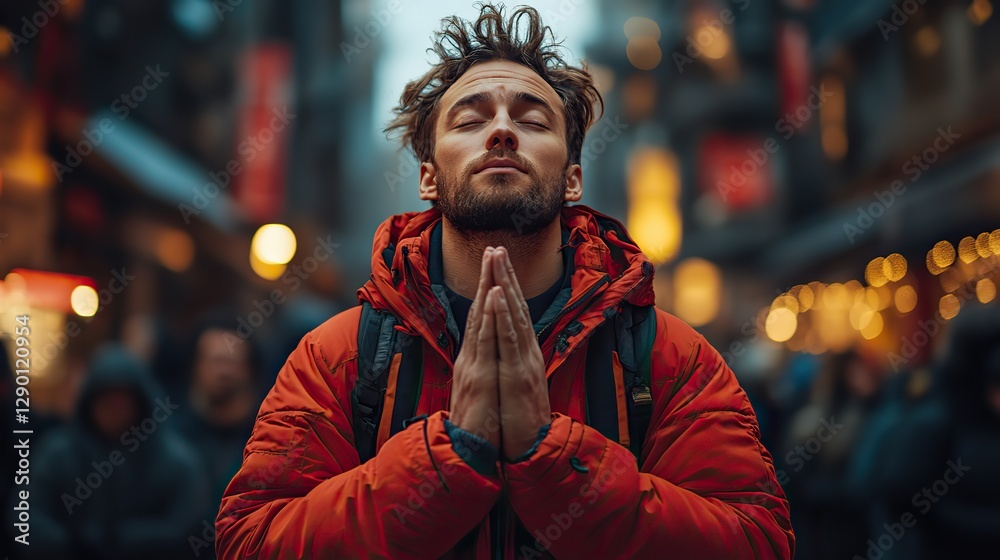Aufkleber unity in prayer faith beyond destruction man in a red jacket praying in front of the crowd