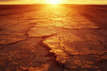 Obraz premium Dried cracked earth at sunset, sunbeam path across parched land.