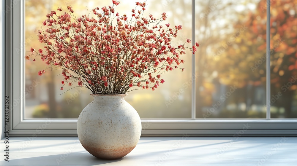 Poster vase with dried flowers on the white table 3d rendering