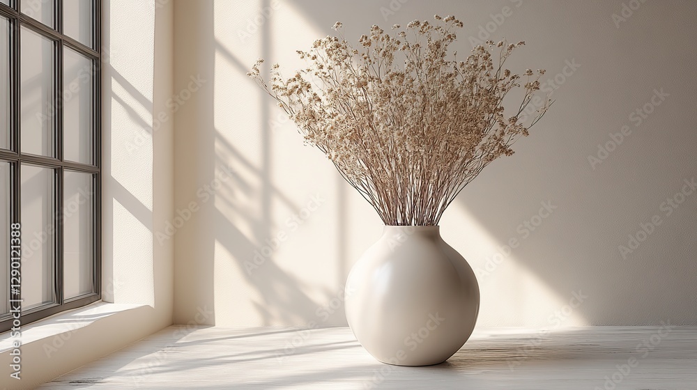 Poster vase with dried flowers on the white table 3d rendering