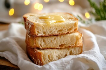 freshly baked bread slices stacked on soft linen cloth, golden butter melts into crust, warm kitchen light spills over, rustic wooden table blurs, cozy and savory comfort.