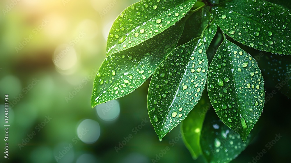 Poster verdant leaves with sparkling raindrops bokeh effect in the background