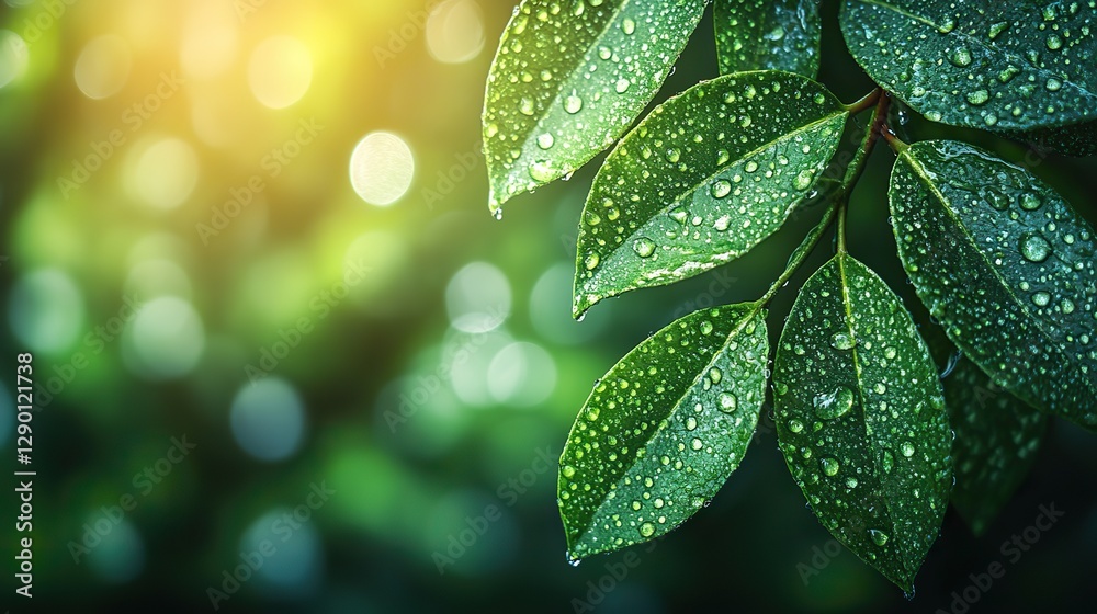 Poster verdant leaves with sparkling raindrops bokeh effect in the background