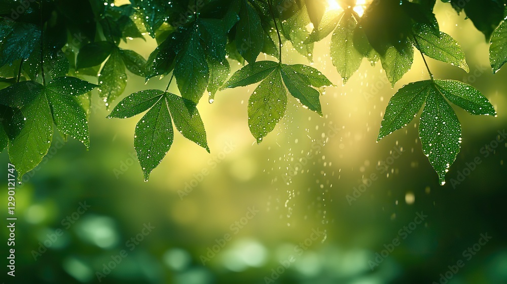 Poster verdant leaves with sparkling raindrops bokeh effect in the background