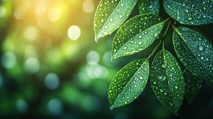 Fototapeta premium verdant leaves with sparkling raindrops bokeh effect in the background