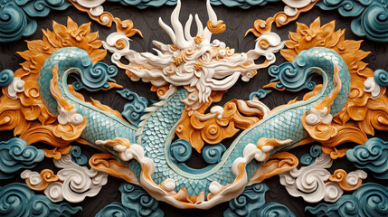 Obraz premium Celestial Dragon: A majestic, stylized representation of a Chinese dragon, its scales, elaborate decorations, and dynamic pose evoking a sense of ancient culture and mystique