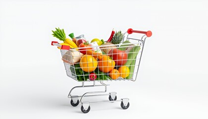 Shopping Cart Full of Groceries Against a Plain Background