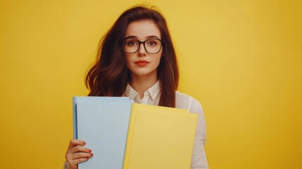 Fototapeta premium Young woman holding blue and yellow folders against yellow background
