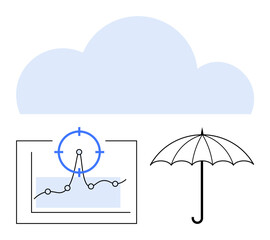 Cloud background, analytics chart with targeted point, and umbrella symbolizing protection. Ideal for technology strategy, data visualization, risk management, insurance, analytics, cybersecurity