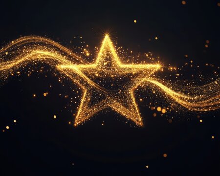 Golden shimmering light trails forming a festive Christmas star on a black luxury background