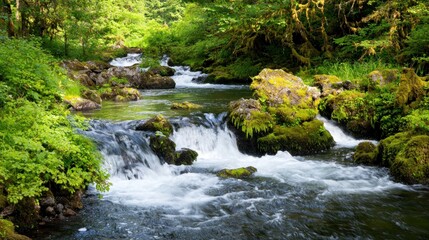 Obraz premium Serene creek flowing through lush green forest with mossy rocks and vibrant foliage creating a peaceful natural scene