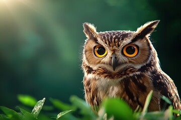 Obraz premium Majestic owl portrait amidst verdant foliage a captivating gaze of wildlife in a serene natural setting