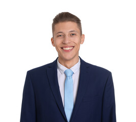 Handsome young man in suit on white background