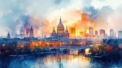 Obraz premium watercolor painting of a little church in paris france cityscape skyline