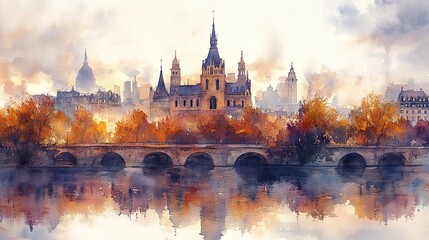 Fototapeta premium watercolor painting of a little church in paris france cityscape skyline