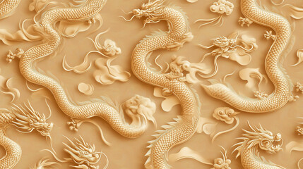 Golden Dragon Wall: Capturing the detailed texture of intricately carved dragons in a relief sculpture, creating a stunning visual display of ancient cultural symbolism.