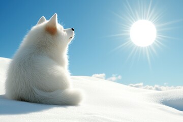 Captivating Arctic Fox Gazing at the Radiant Sun in a Serene Winter Landscape Under a Clear Blue Sky with Soft Light and Snowy Background