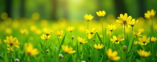 Obraz premium Golden buttercups carpet vibrant green spring meadow, grass, floral