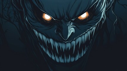Dark, eerie creature with glowing eyes in a shadowy forest