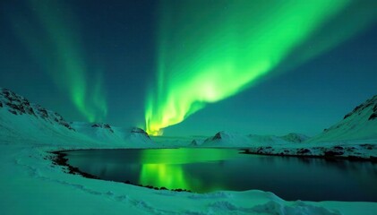 Naklejka premium Intense green aurora drapes over snow covered hills near Tromso, stars, Northern Lights, green