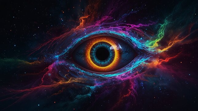 A giant eye filled with swirling neon colors