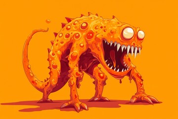 Naklejka premium Colorful Cartoon Monster with Spikes and Large Eyes on Orange Background