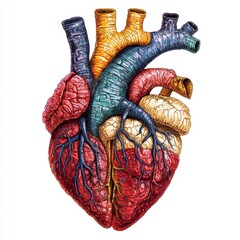 Colorful Anatomical Heart Illustration Showing Detailed Structure of Human Heart with Vessels and Chambers for Medical Use
