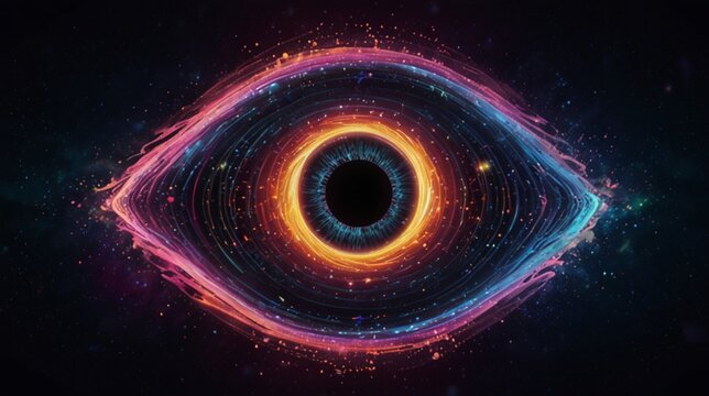 A giant eye filled with swirling neon colors,