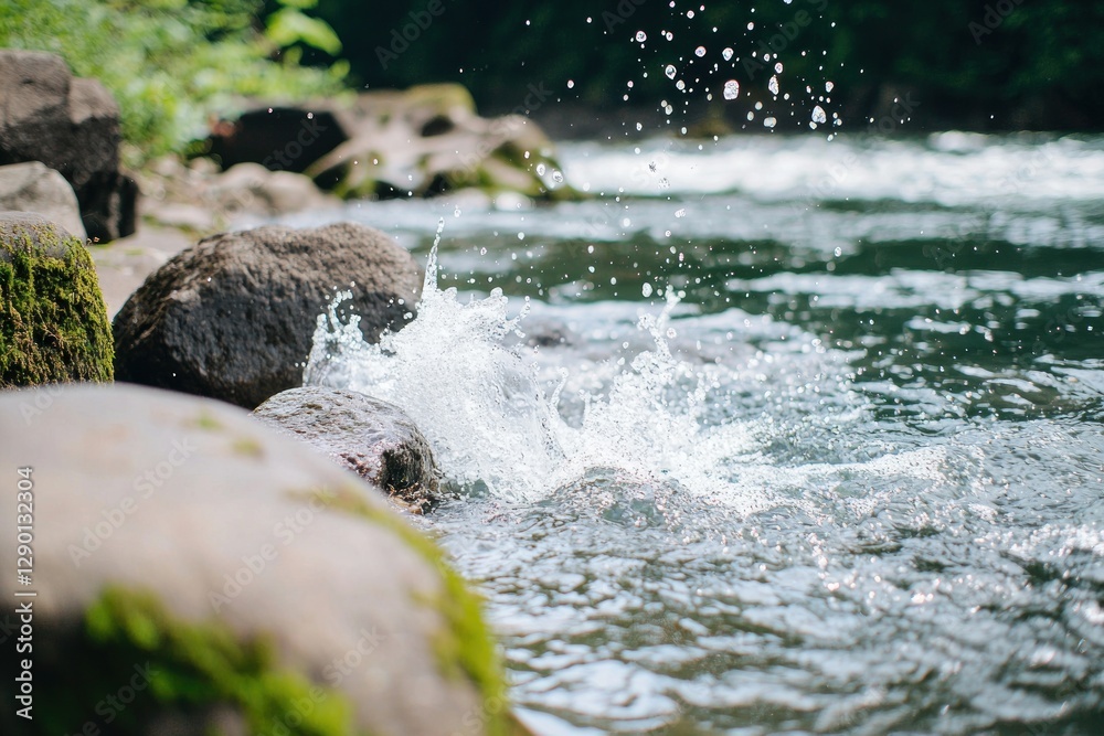 Poster serene river scene with mossy rocks and splashing water creating a refreshing and natural atmosphere