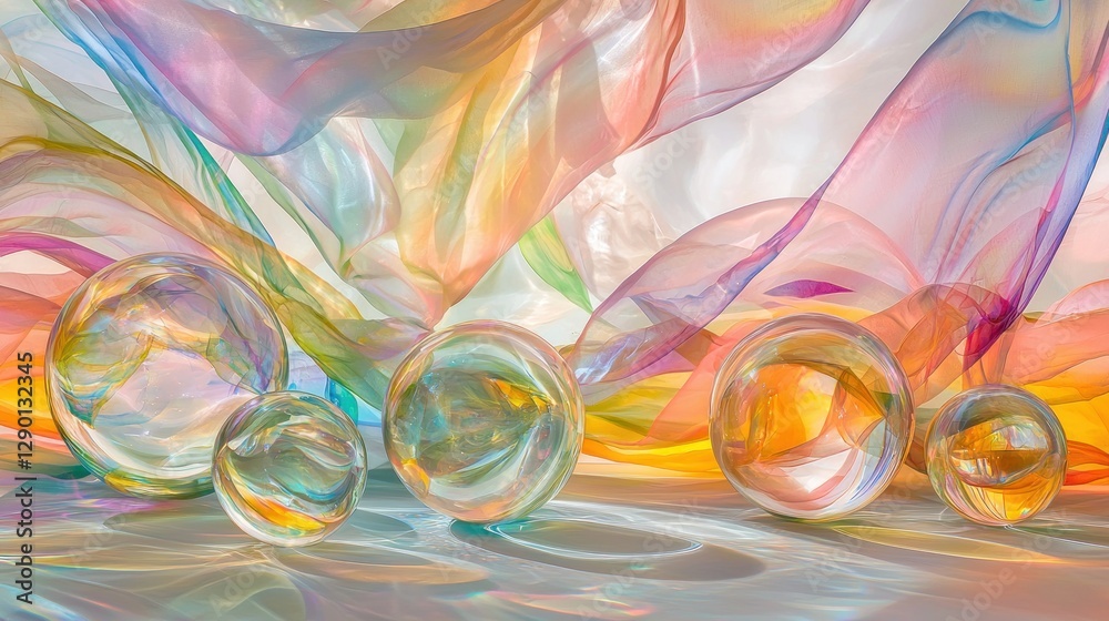Poster Ethereal spheres and flowing pastel fabric create a dreamy abstract composition with soft light and iridescent reflections showcasing artistic creativity and vivid colors