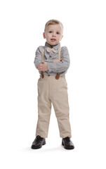Full length portrait of cute little boy on white background