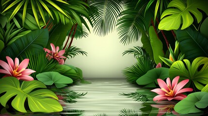 Lush Tropical Scene with Pink Water Lilies and Calm Water