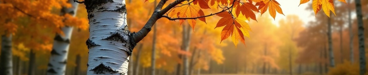 Obraz premium Trunk of silver birch tree against autumn sky, deciduous, forest, fall