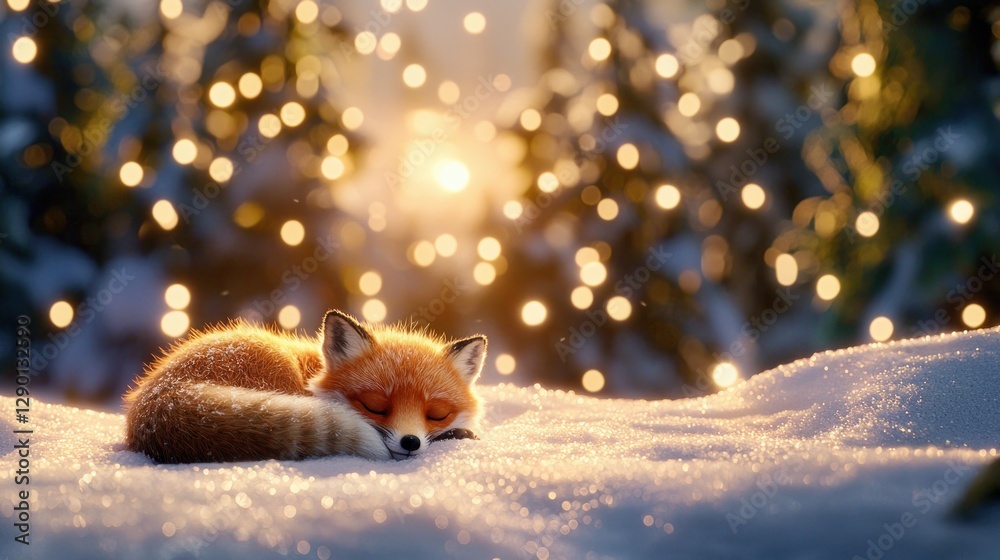 Poster Tranquil winter scene of a sleeping fox curled up in the snow with bokeh lights illuminating the background creating a serene and magical atmosphere