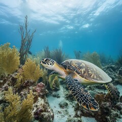 Naklejka premium Serene underwater scene featuring a majestic sea turtle gracefully swimming among vibrant coral reefs in crystal clear turquoise ocean