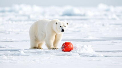 Arctic Encounter: A majestic polar bear stands beside a bright red ball on a pristine snow-covered Arctic landscape. The contrast between the white fur and the red ball creates a striking visual.