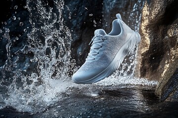 Obraz premium Light Grey Sneaker Splashing Through Waterfall, Dynamic Water Texture