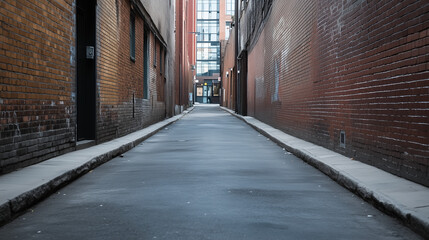 Urban Passage: An alleyway paved with a long stretch of a wet road, flanked by aging brick buildings with a faint hint of light peeking at the end, capturing the grit and history of the cityscape.