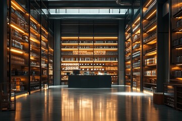 Modern industrial warehouse with illuminated