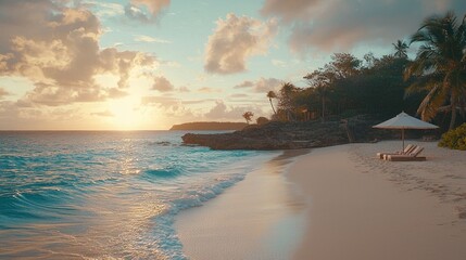 Serene tropical beach at sunset with turquoise water white sand palm trees and sun loungers creating a tranquil vacation scene