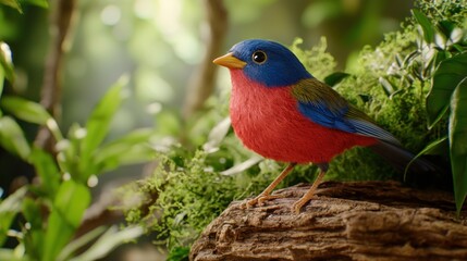 Colorful Painted Bunting Bird Perched on a Mossy Branch in a Lush Green Forest with Soft Sunlight and Natural Beauty