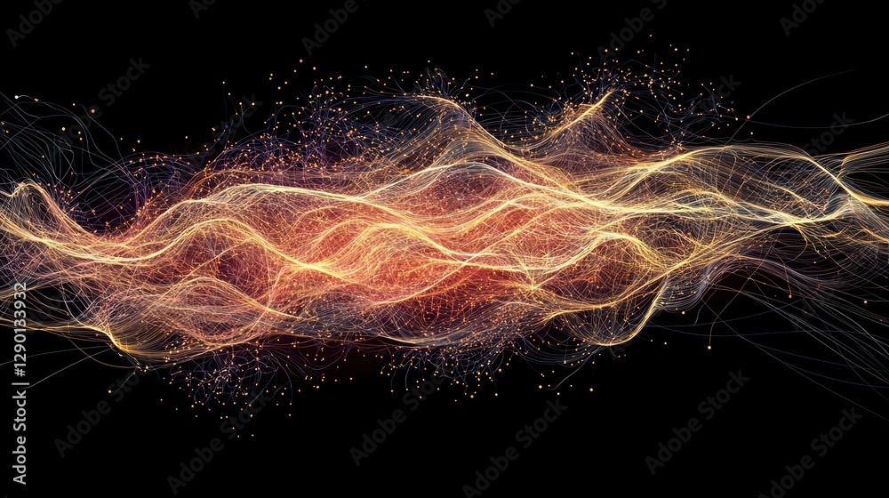 Poster Abstract luminous wave with flowing lines and particles against a dark backdrop conveying energy and connection